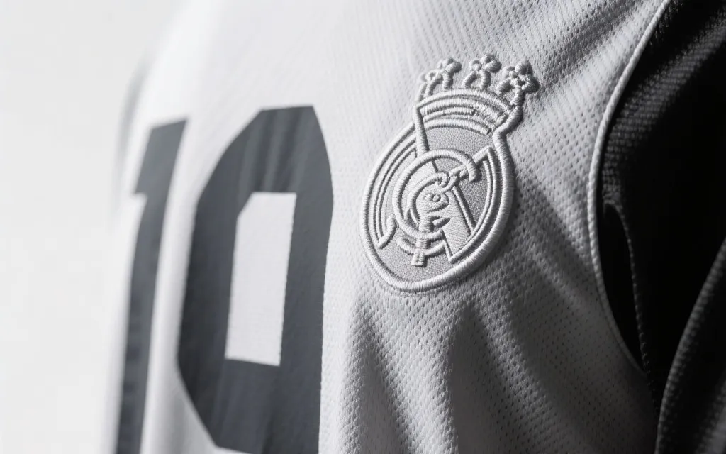 球衣细节特写：织物纹理、号码与徽章的工艺质感，摄影棚柔光