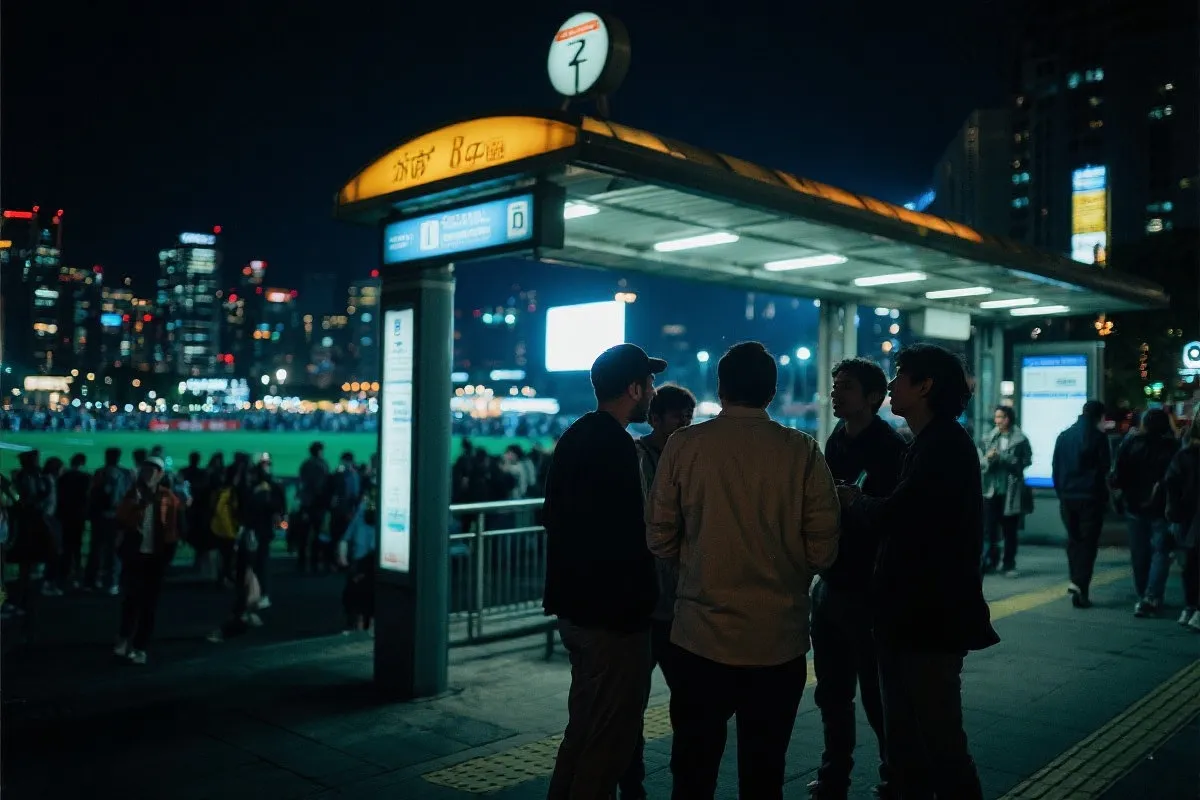 深夜散场后朋友一起在地铁站口会合并返回酒店的城市纪实感画面